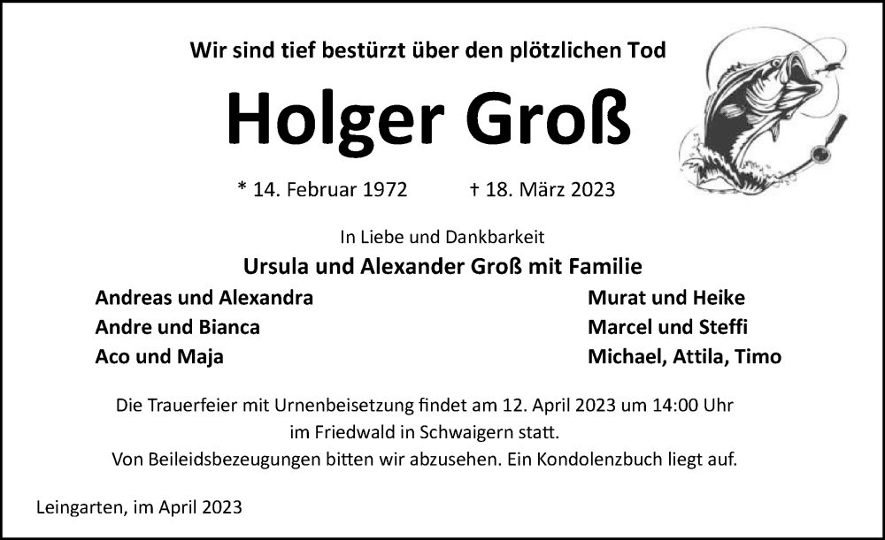  Traueranzeige für Holger Groß vom 08.04.2023 aus GESAMT