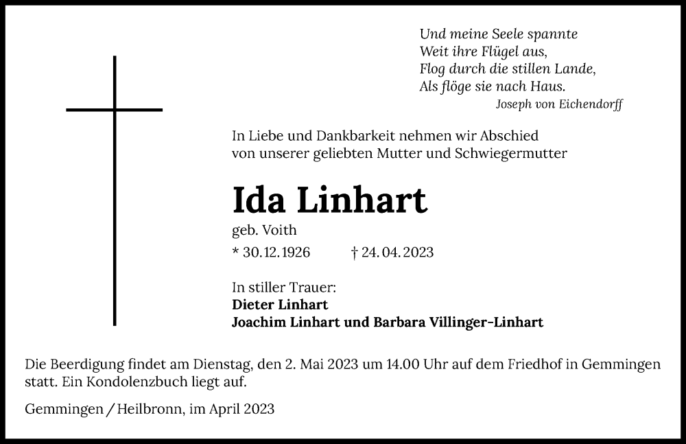  Traueranzeige für Ida Linhard vom 29.04.2023 aus GESAMT
