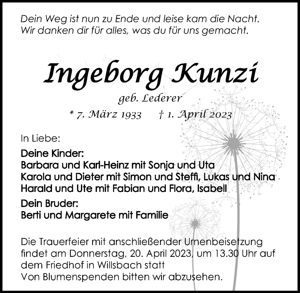  Traueranzeige für Ingeborg Kunzi vom 08.04.2023 aus GESAMT