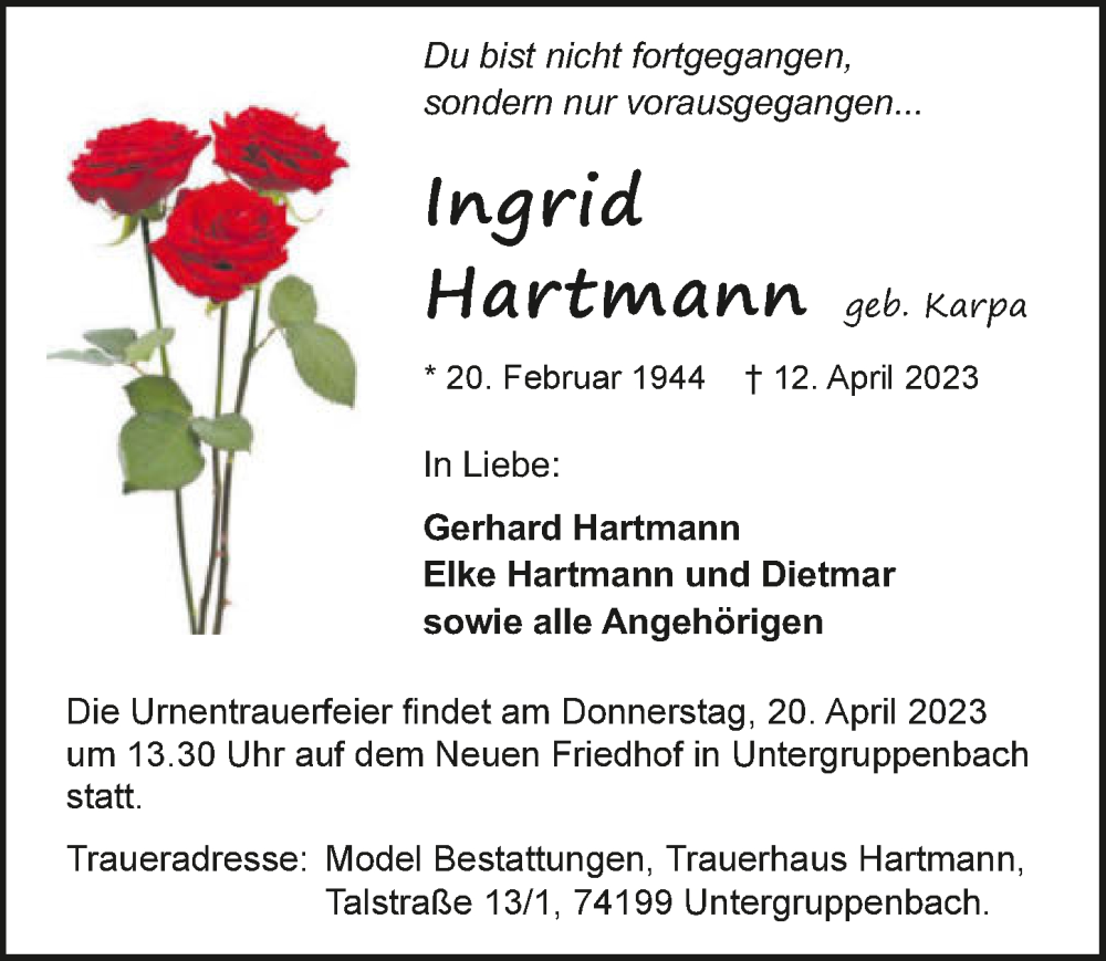  Traueranzeige für Ingrid Hartmann vom 15.04.2023 aus GESAMT