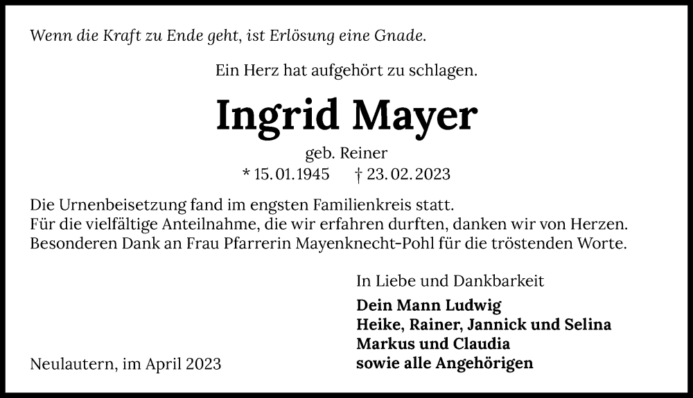  Traueranzeige für Ingrid Mayer vom 01.04.2023 aus GESAMT