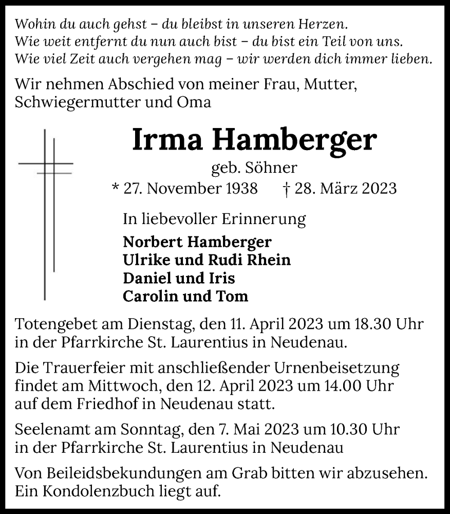  Traueranzeige für Irma Hamberger vom 08.04.2023 aus GESAMT