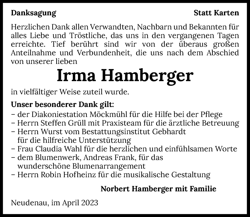  Traueranzeige für Irma Hamberger vom 26.04.2023 aus GESAMT