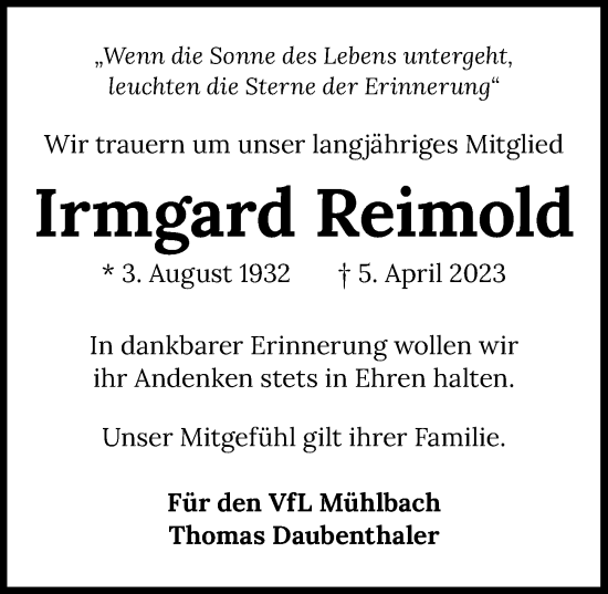 Traueranzeige von Irmgard Reimold von GESAMT