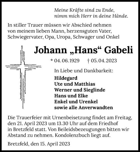 Traueranzeige von Johann Gabeli von GESAMT