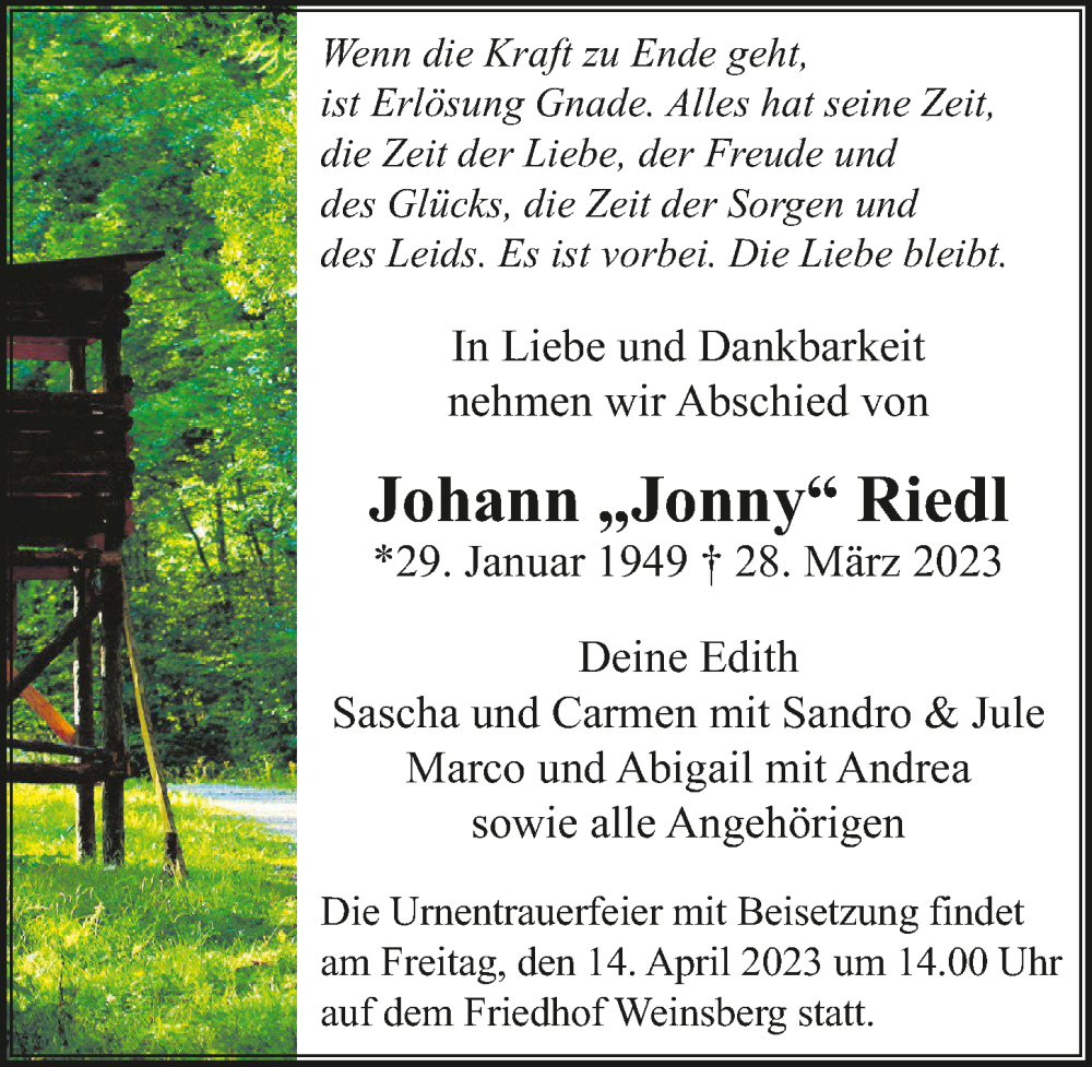  Traueranzeige für Johann Riedl vom 08.04.2023 aus GESAMT