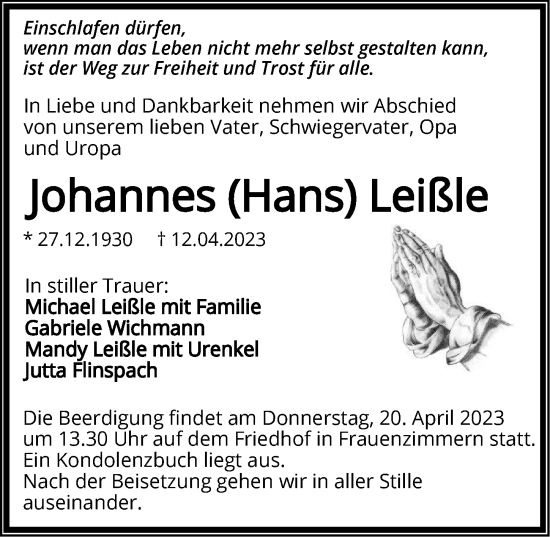 Traueranzeige von Johannes Leißle von GESAMT