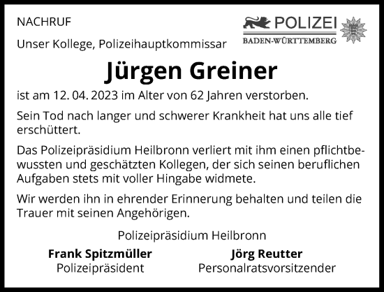 Traueranzeige von Jürgen Greiner von GESAMT