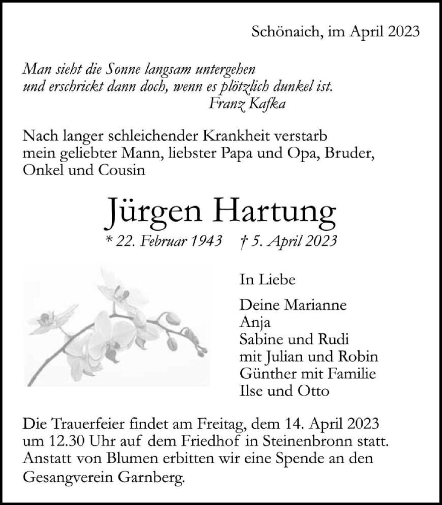  Traueranzeige für Jürgen Hartung vom 11.04.2023 aus GESAMT