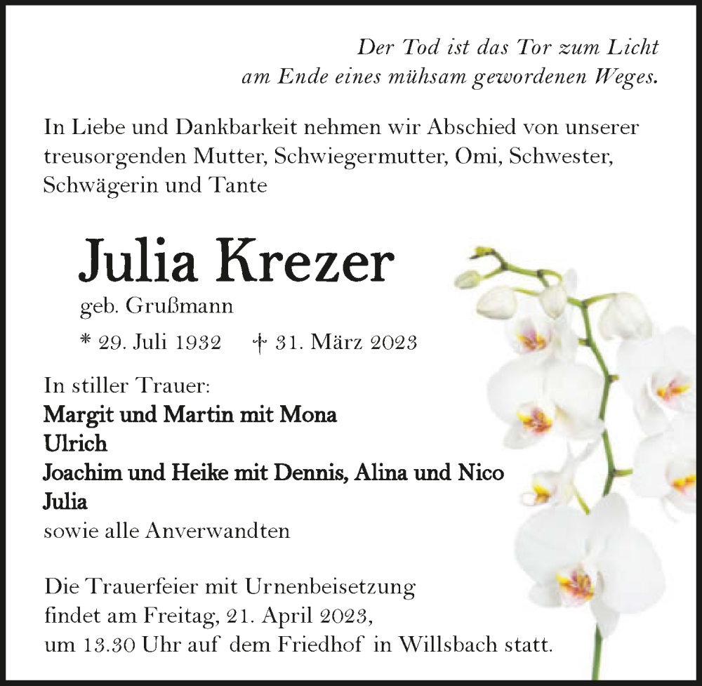  Traueranzeige für Julia Krezer vom 08.04.2023 aus GESAMT