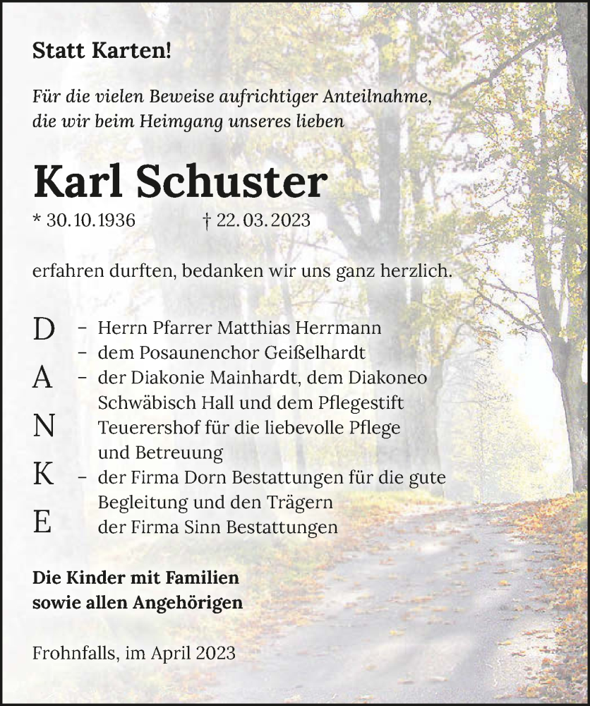  Traueranzeige für Karl Schuster vom 15.04.2023 aus GESAMT