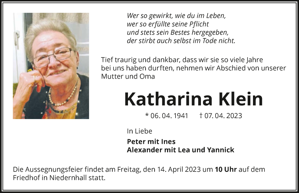  Traueranzeige für Katharina Klein vom 12.04.2023 aus GESAMT
