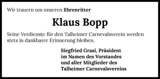 Traueranzeige von Klaus Bopp von GESAMT