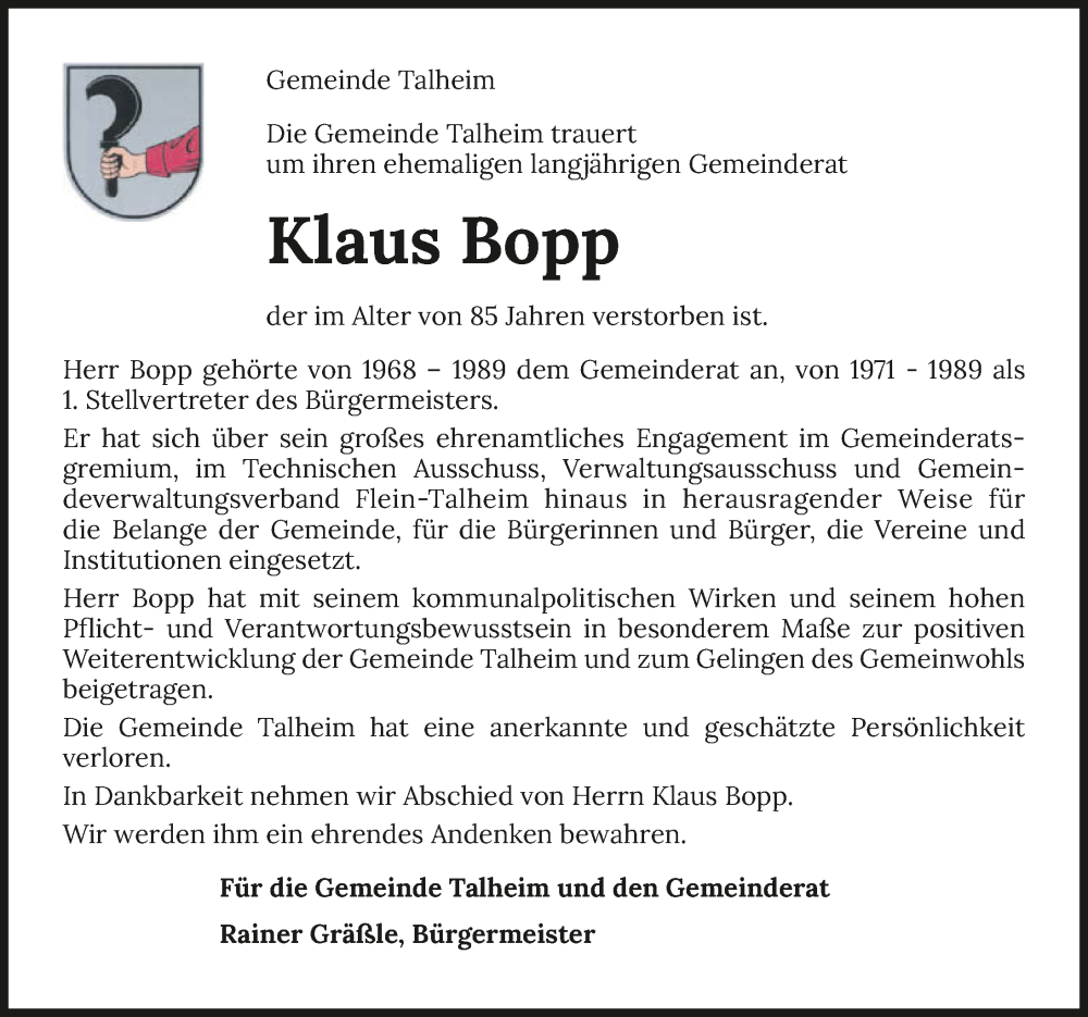  Traueranzeige für Klaus Bopp vom 13.04.2023 aus GESAMT