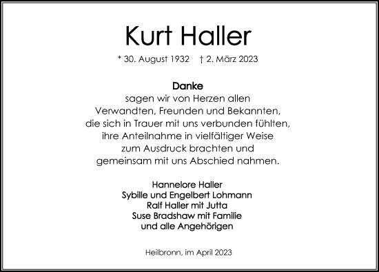 Traueranzeige von Kurt Haller von GESAMT