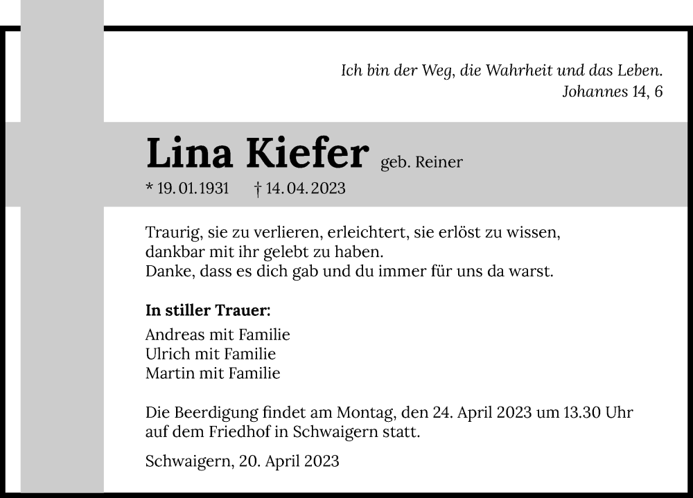  Traueranzeige für Lina Kiefer vom 20.04.2023 aus GESAMT