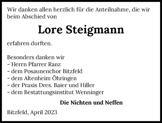 Traueranzeige von Lore Steigmann von GESAMT