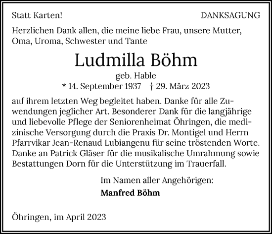Traueranzeige von Ludmilla Böhm von GESAMT