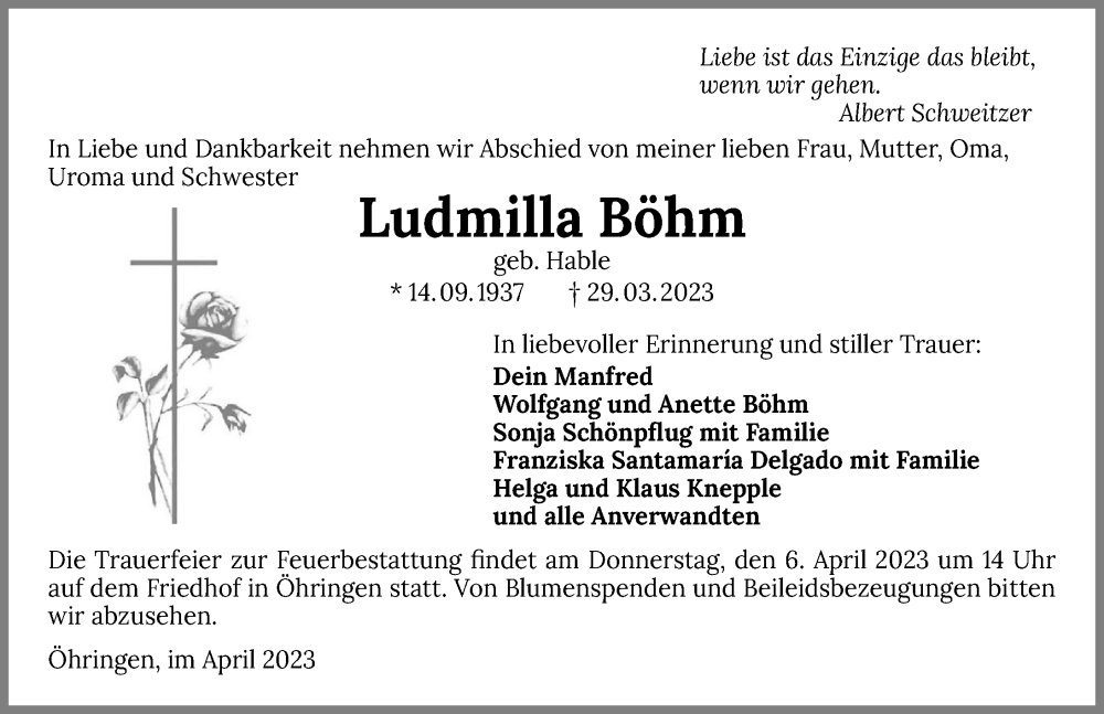  Traueranzeige für Ludmilla Böhm vom 03.04.2023 aus GESAMT