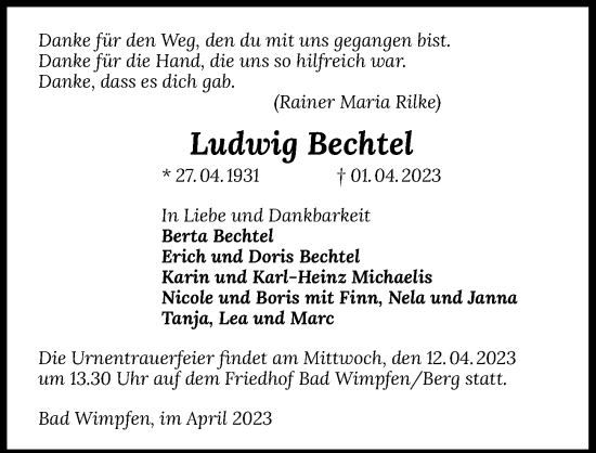 Traueranzeige von Ludwig Bechtel von GESAMT