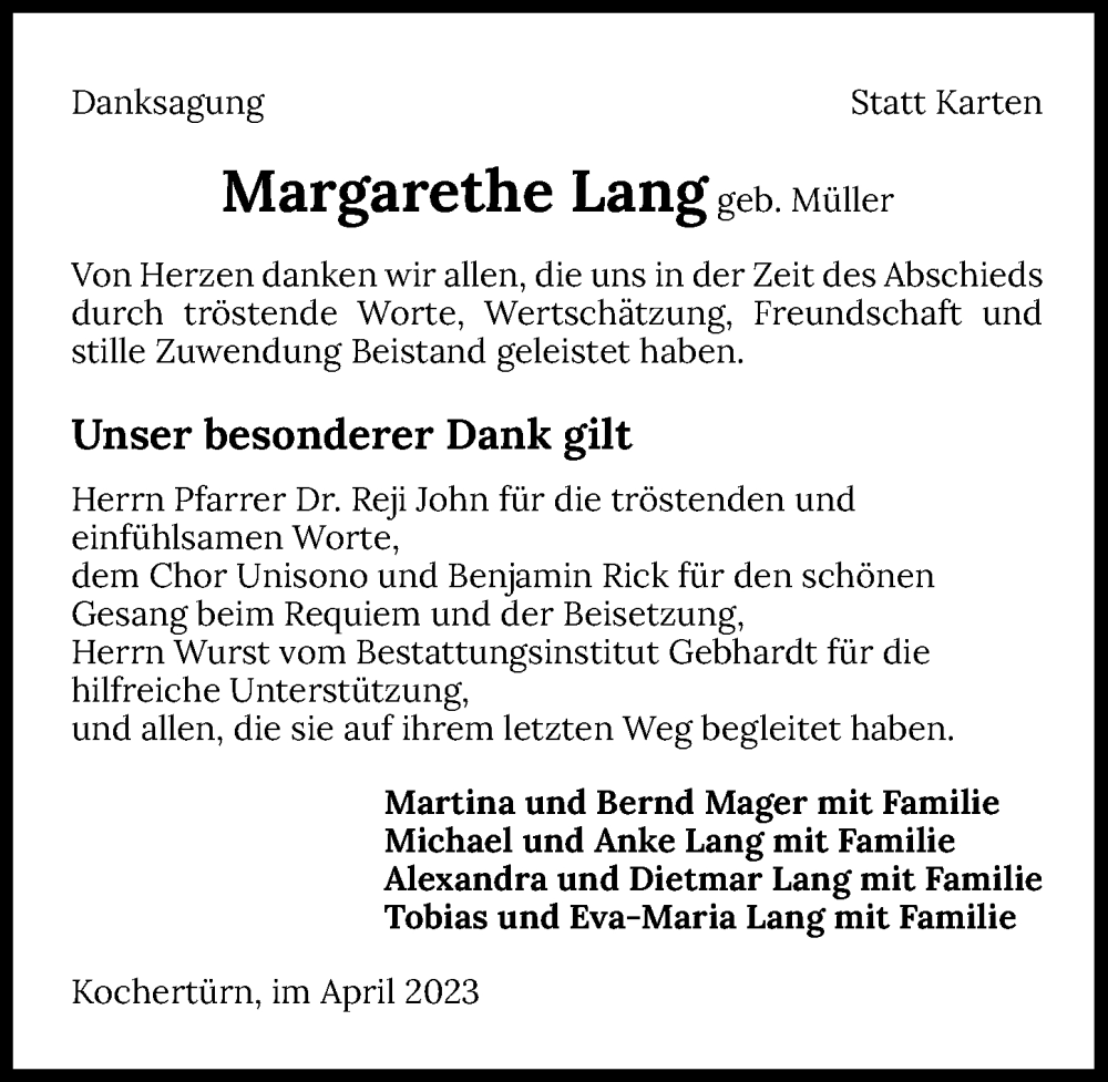  Traueranzeige für Margarethe Lang vom 15.04.2023 aus GESAMT