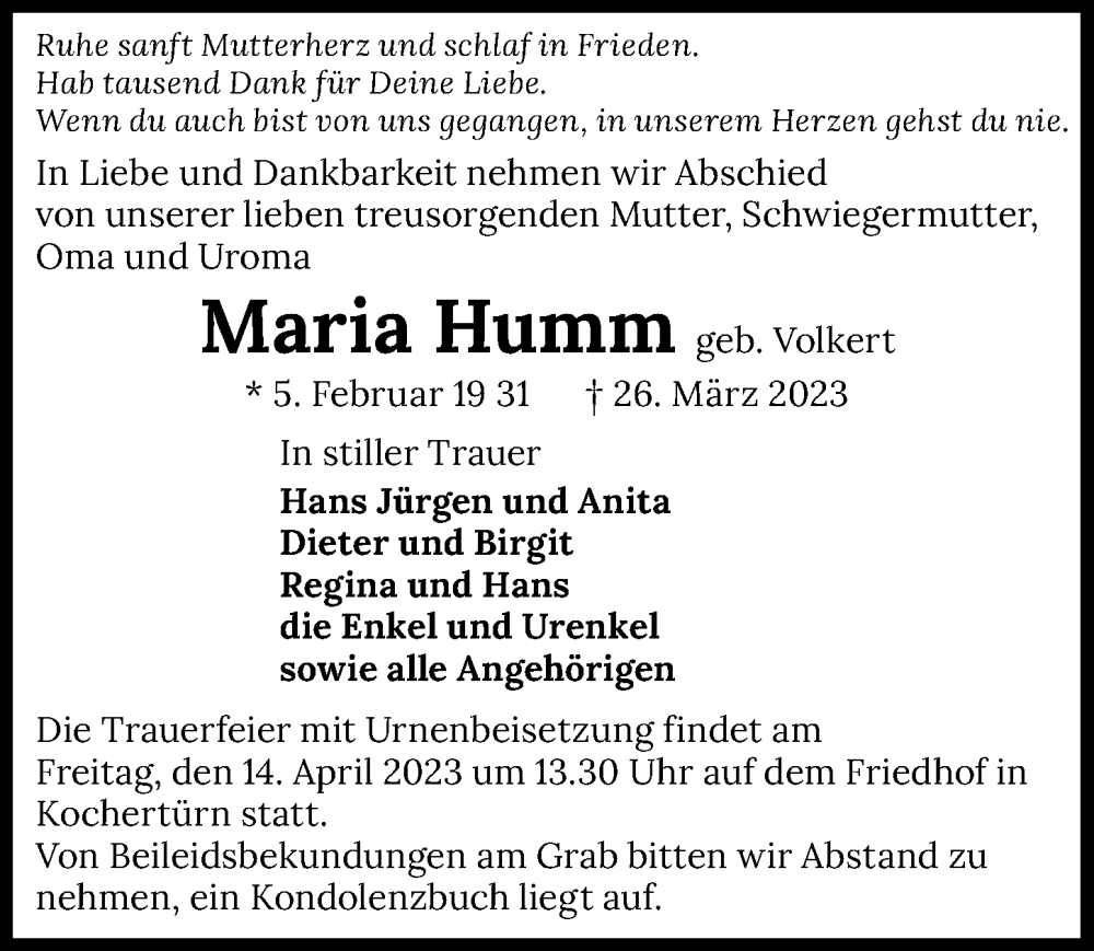  Traueranzeige für Maria Humm vom 12.04.2023 aus GESAMT