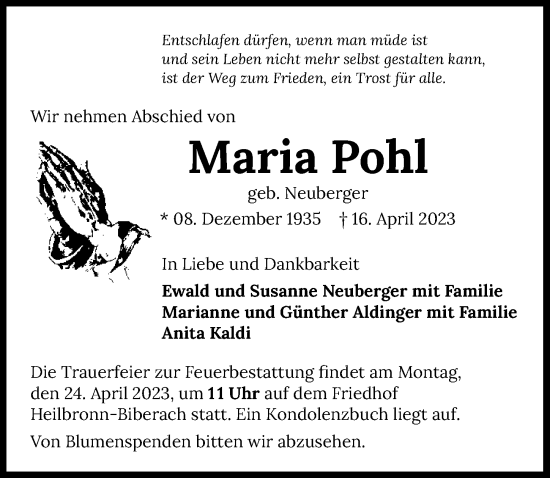 Traueranzeige von Maria Pohl von GESAMT