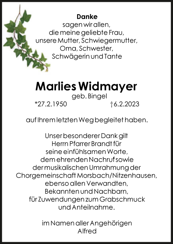 Traueranzeige von Marlies Widmayer von GESAMT