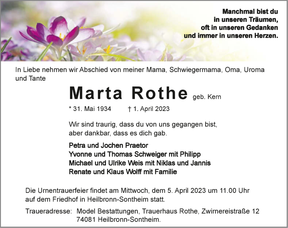  Traueranzeige für Marta Rothe vom 04.04.2023 aus GESAMT