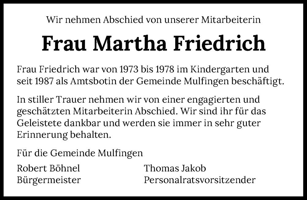  Traueranzeige für Martha Friedrich vom 01.04.2023 aus GESAMT