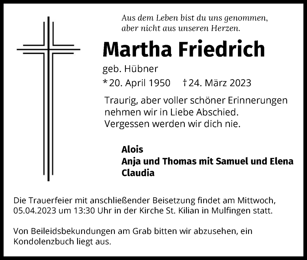  Traueranzeige für Martha Friedrich vom 01.04.2023 aus GESAMT