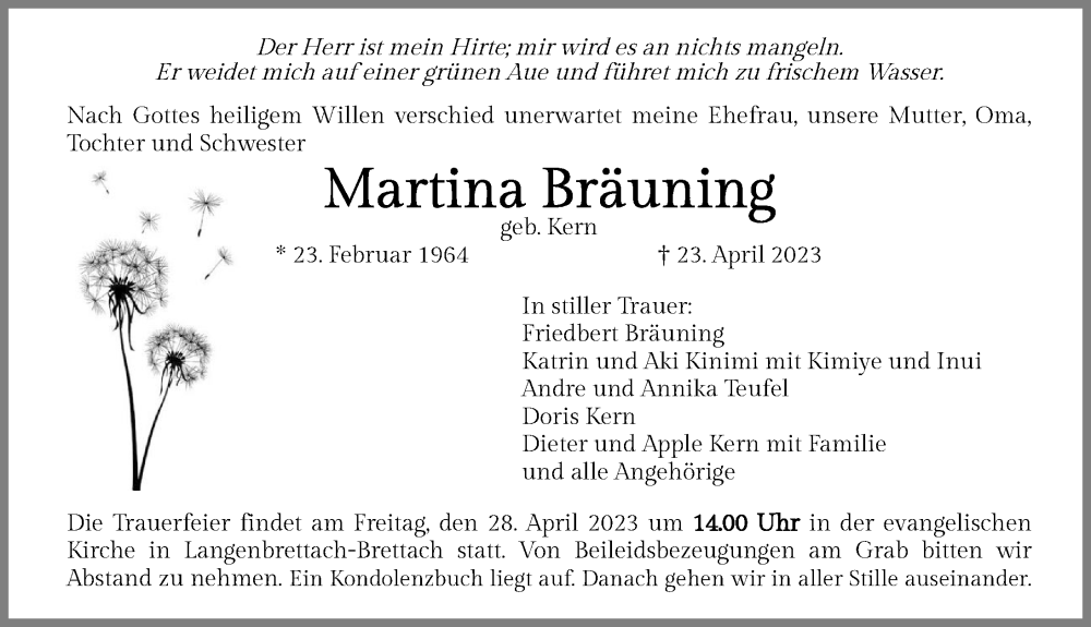  Traueranzeige für Martina Bräuning vom 27.04.2023 aus GESAMT