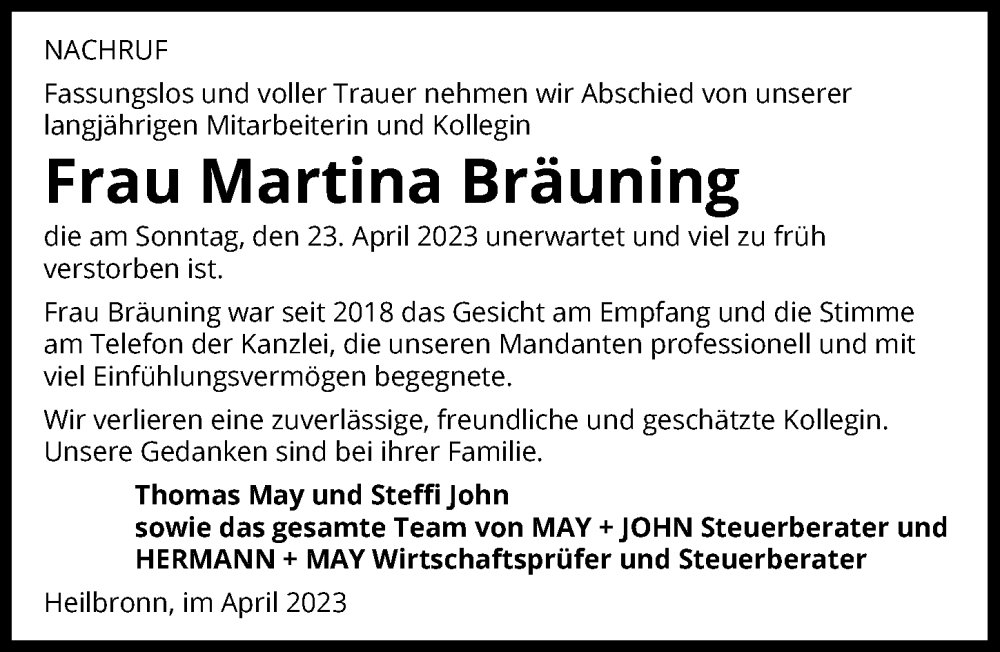  Traueranzeige für Martina Bräuning vom 29.04.2023 aus GESAMT