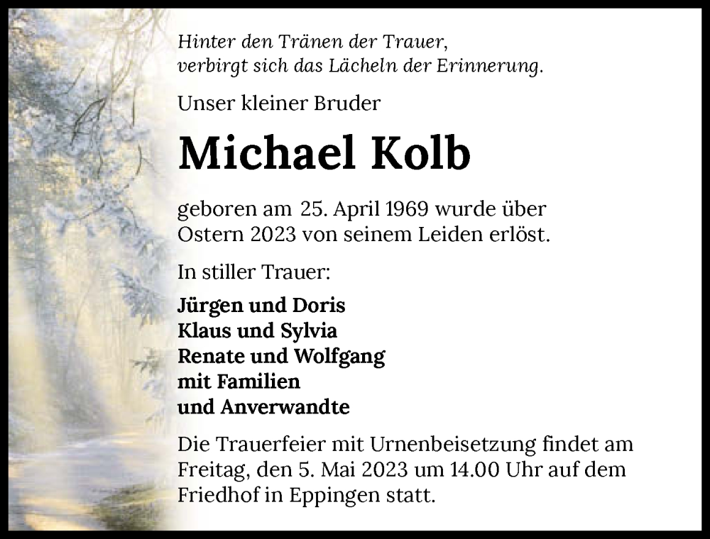  Traueranzeige für Michael Kolb vom 27.04.2023 aus GESAMT