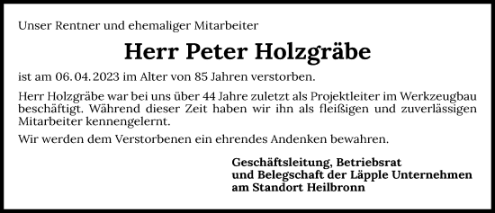 Traueranzeige von Peter Holzgräbe von GESAMT