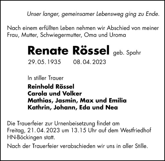Traueranzeige von Renate Rössel von GESAMT
