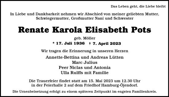 Traueranzeige von Renate Karola Elisabeth Pots von HA