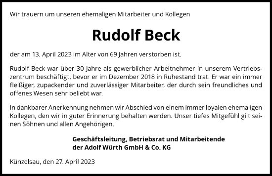 Traueranzeige von Rudolf Beck von GESAMT
