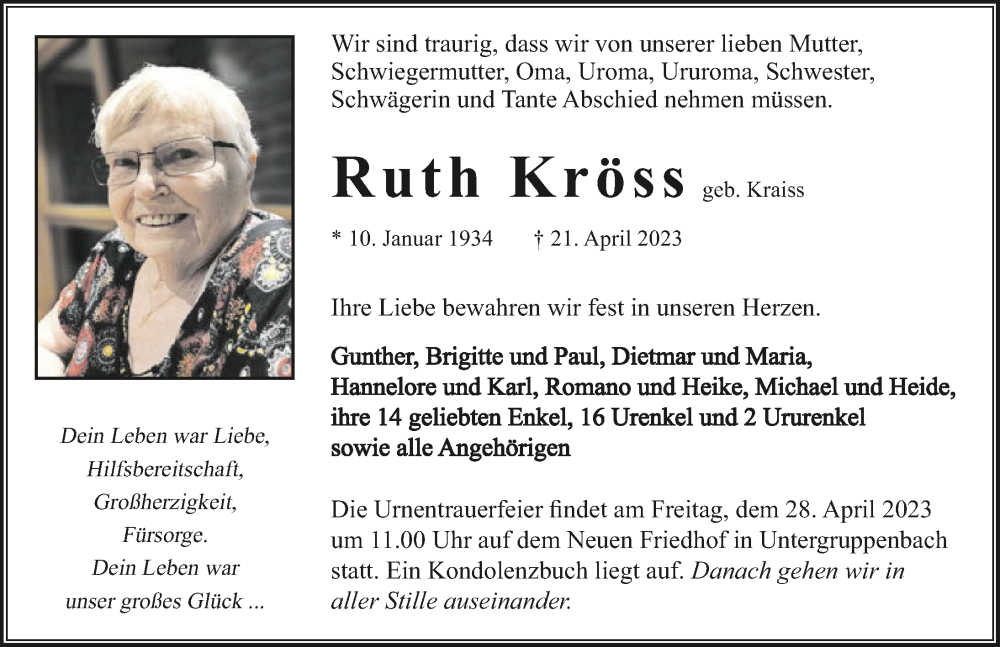  Traueranzeige für Ruth Kröss vom 26.04.2023 aus GESAMT