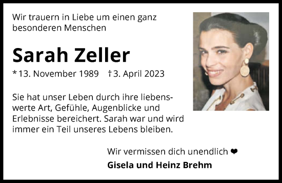 Traueranzeige von Sarah Zeller von GESAMT