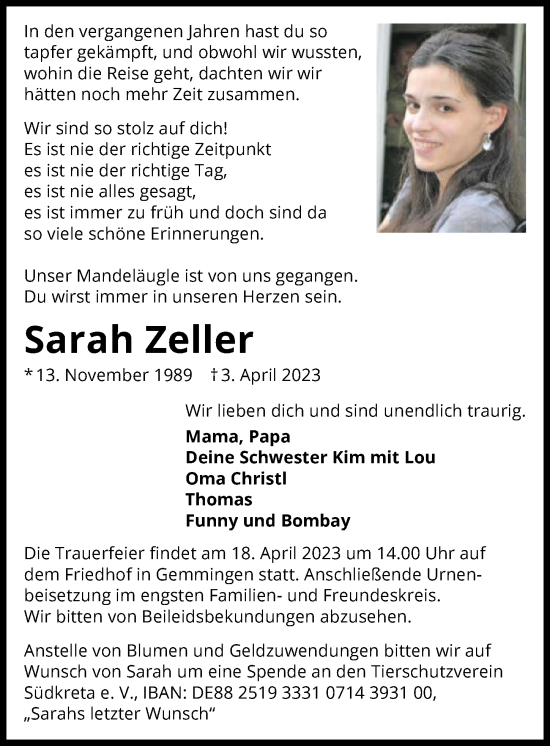 Traueranzeige von Sarah Zeller von GESAMT