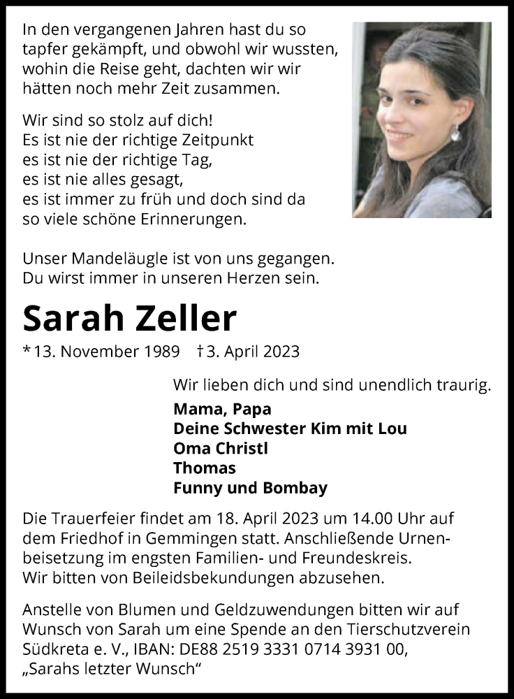  Traueranzeige für Sarah Zeller vom 15.04.2023 aus GESAMT