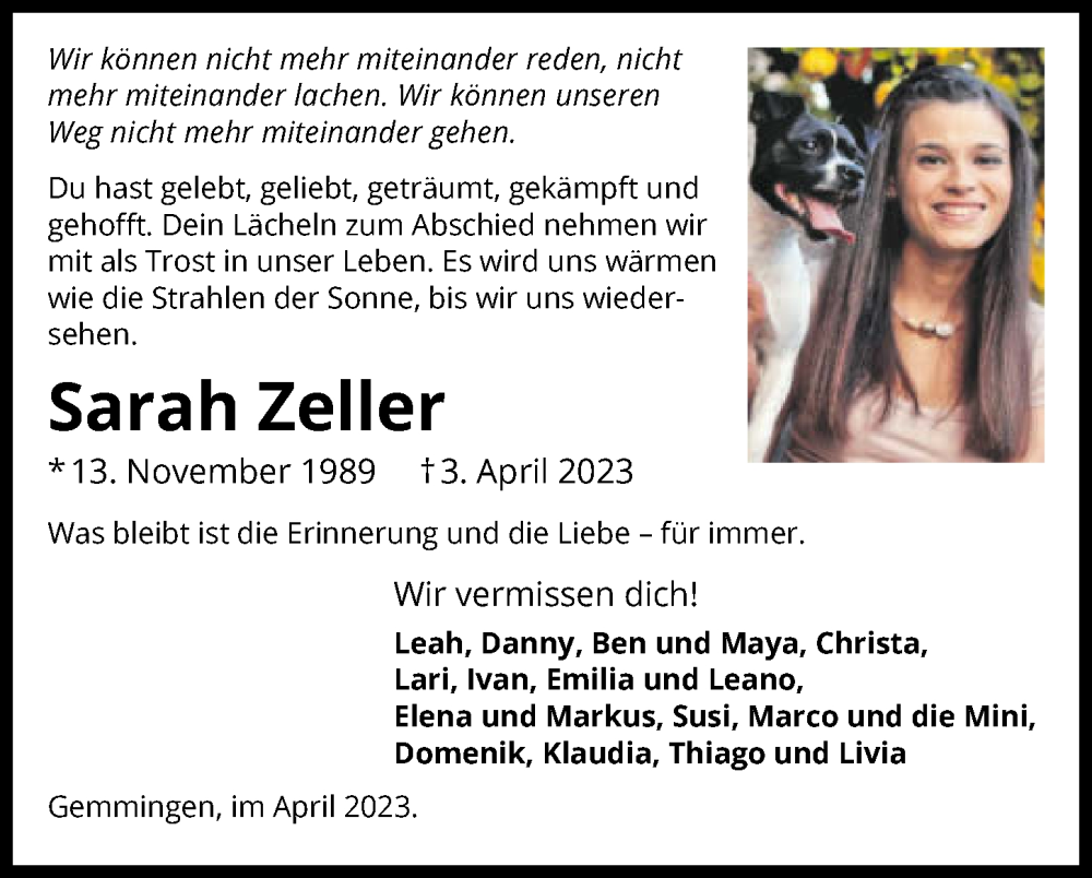  Traueranzeige für Sarah Zeller vom 15.04.2023 aus GESAMT