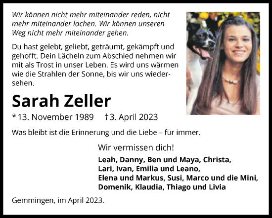 Traueranzeige von Sarah Zeller von GESAMT