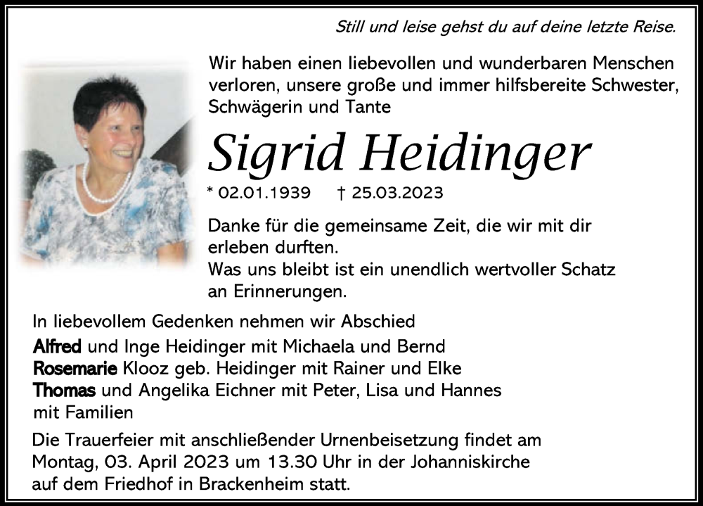  Traueranzeige für Sigrid Heidinger vom 01.04.2023 aus GESAMT