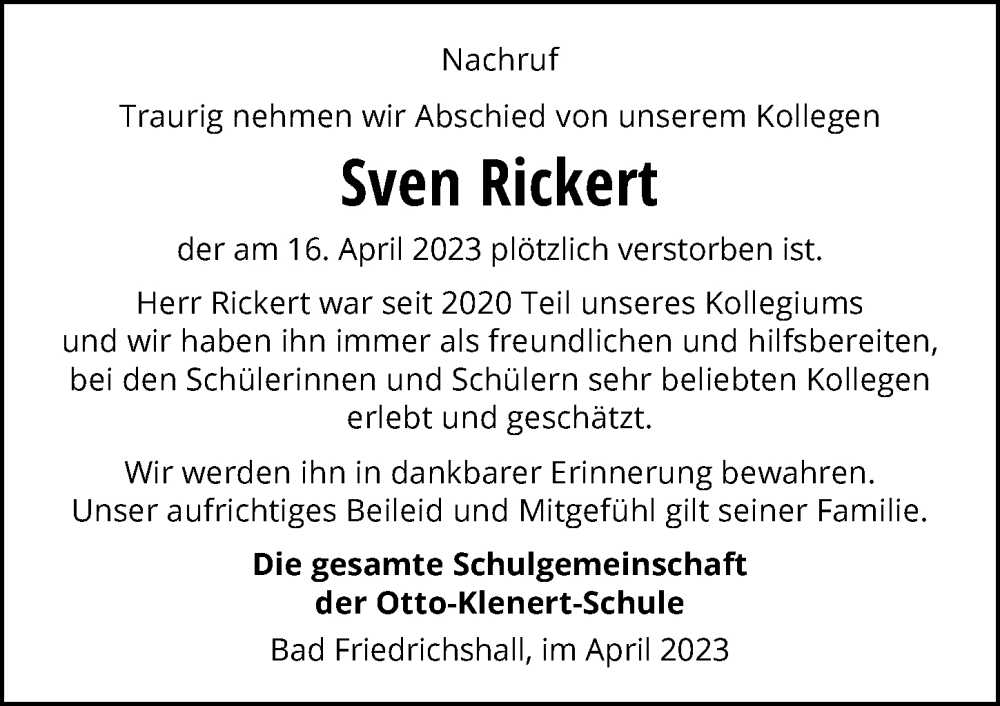  Traueranzeige für Sven Rickert vom 25.04.2023 aus GESAMT
