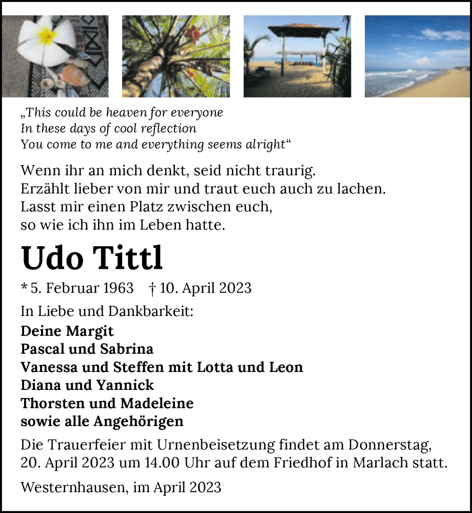  Traueranzeige für Udo Tittl vom 14.04.2023 aus GESAMT