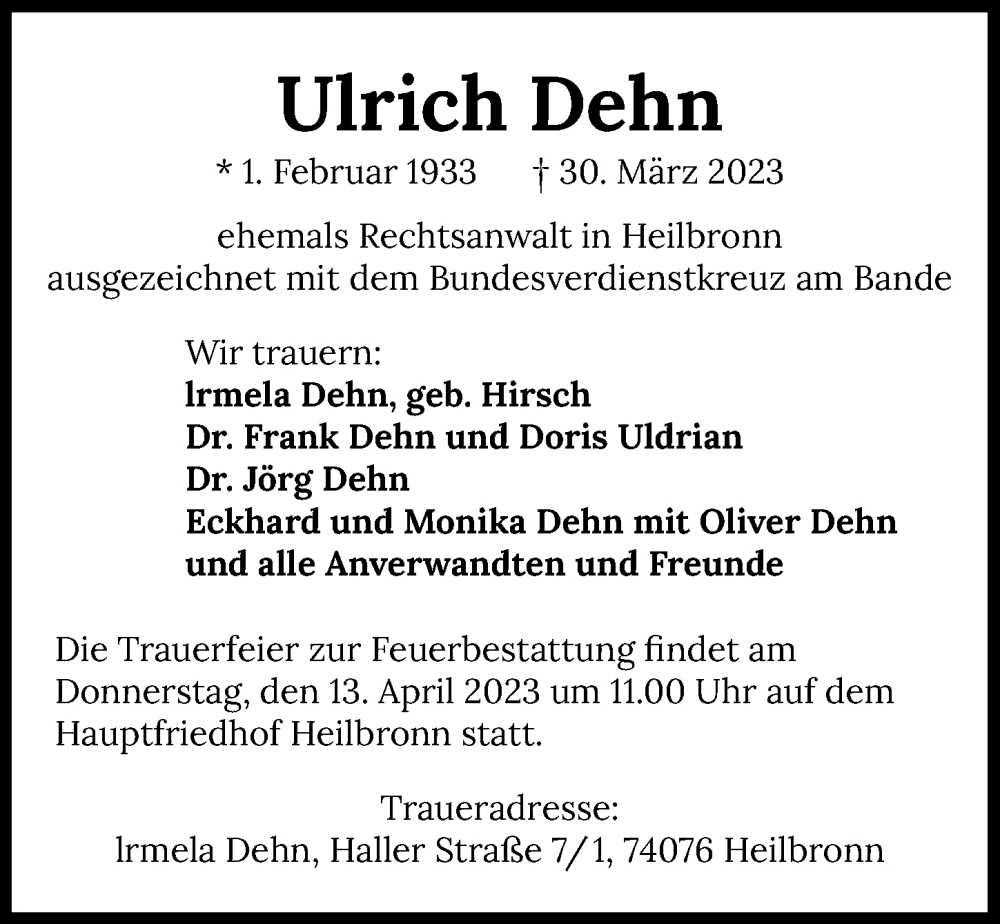  Traueranzeige für Ulrich Dehn vom 08.04.2023 aus GESAMT