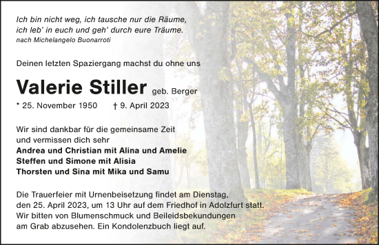 Traueranzeige von Valerie Stiller von GESAMT