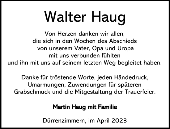 Traueranzeige von Walter Haug von GESAMT